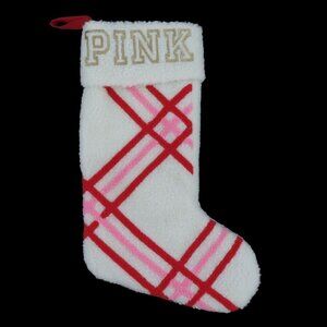 PINK Victorias Secret Embroidered Pink Red White Faux Sherpa Christmas Stocking